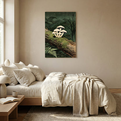 Dark green mushroom wall art framed above neutral bed in bright bedroom