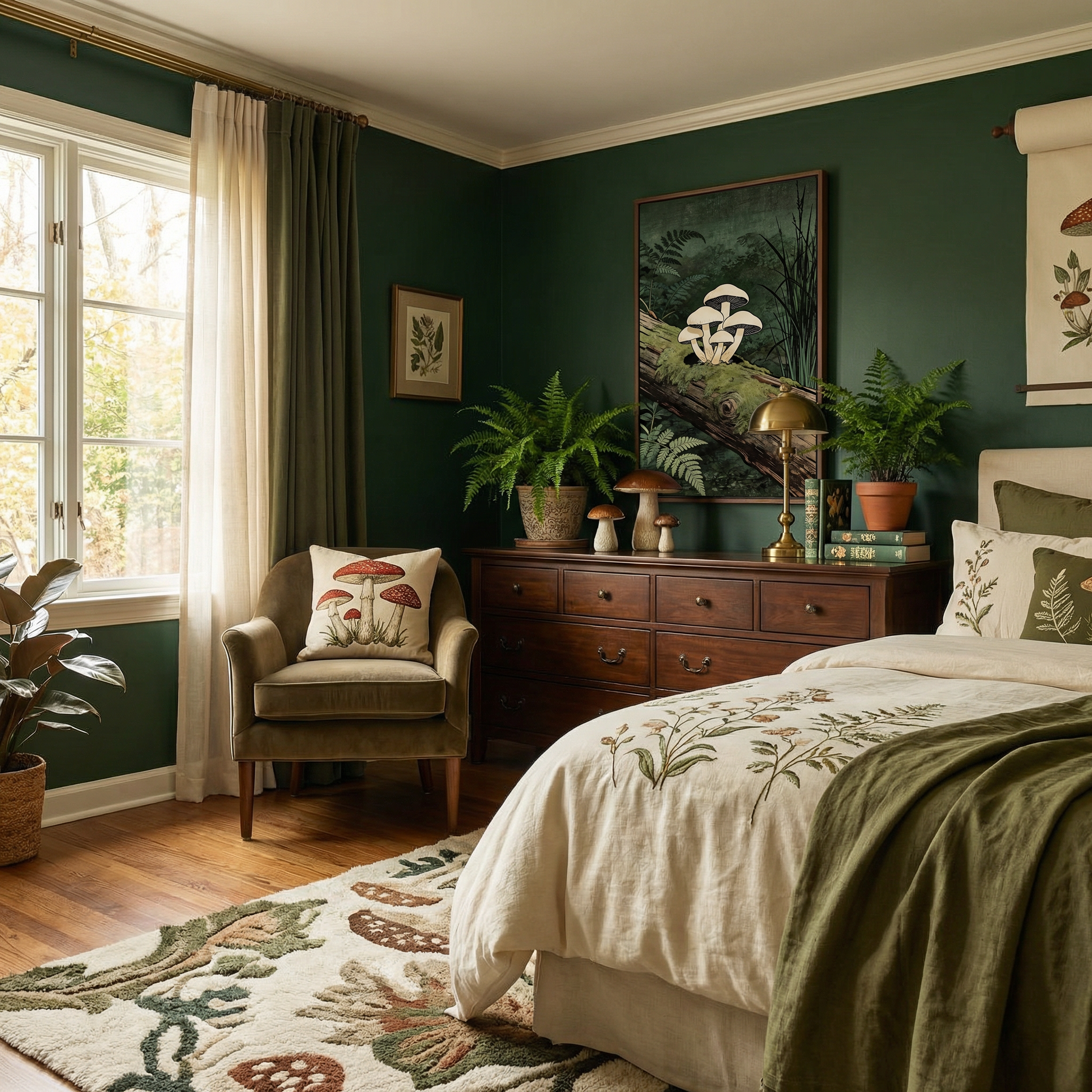Mushroom wall art hanging in cozy green bedroom with botanical decor