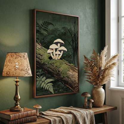 Mushroom wall art on dark green wall above rustic console with dried botanicals
