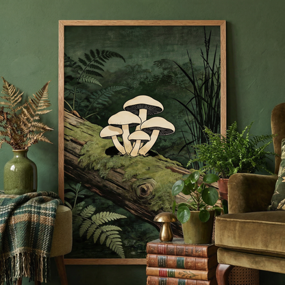 Mushroom wall art in natural frame styled in cozy corner with plants and books