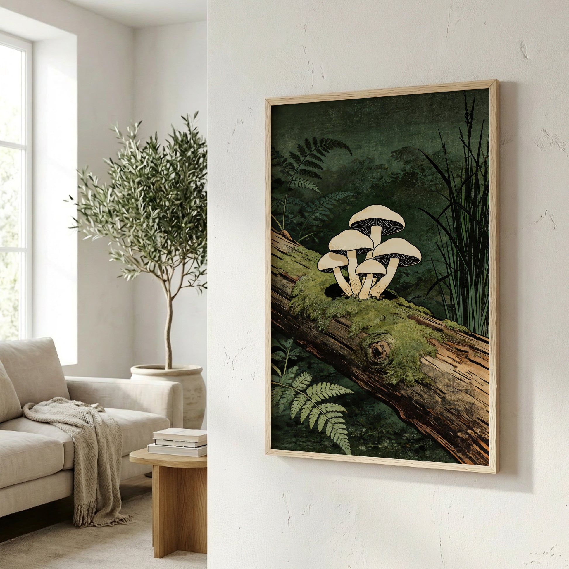 Large mushroom wall art in natural frame leaning on textured wall near sofa