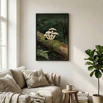 Close-up mushroom wall art in black frame on white background.