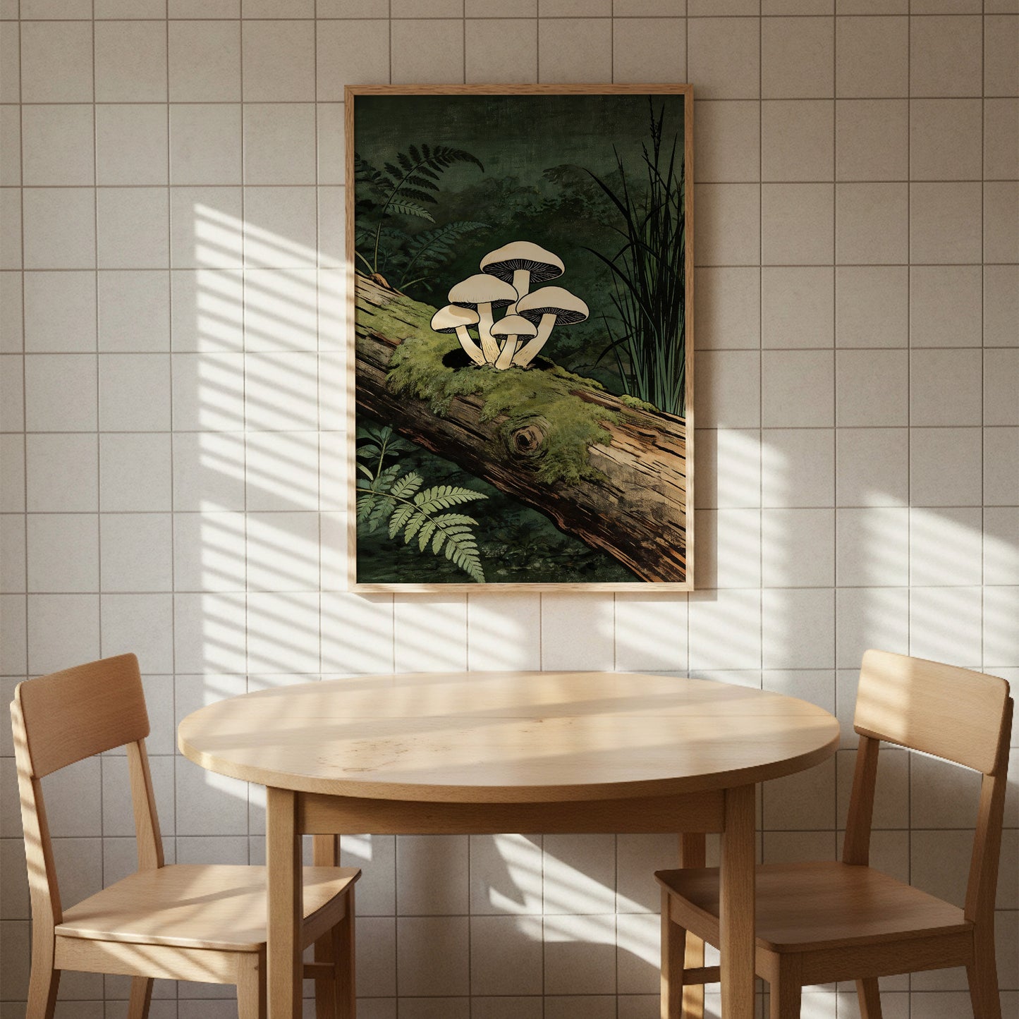 Mushroom wall art framed above round table on tiled wall with window light