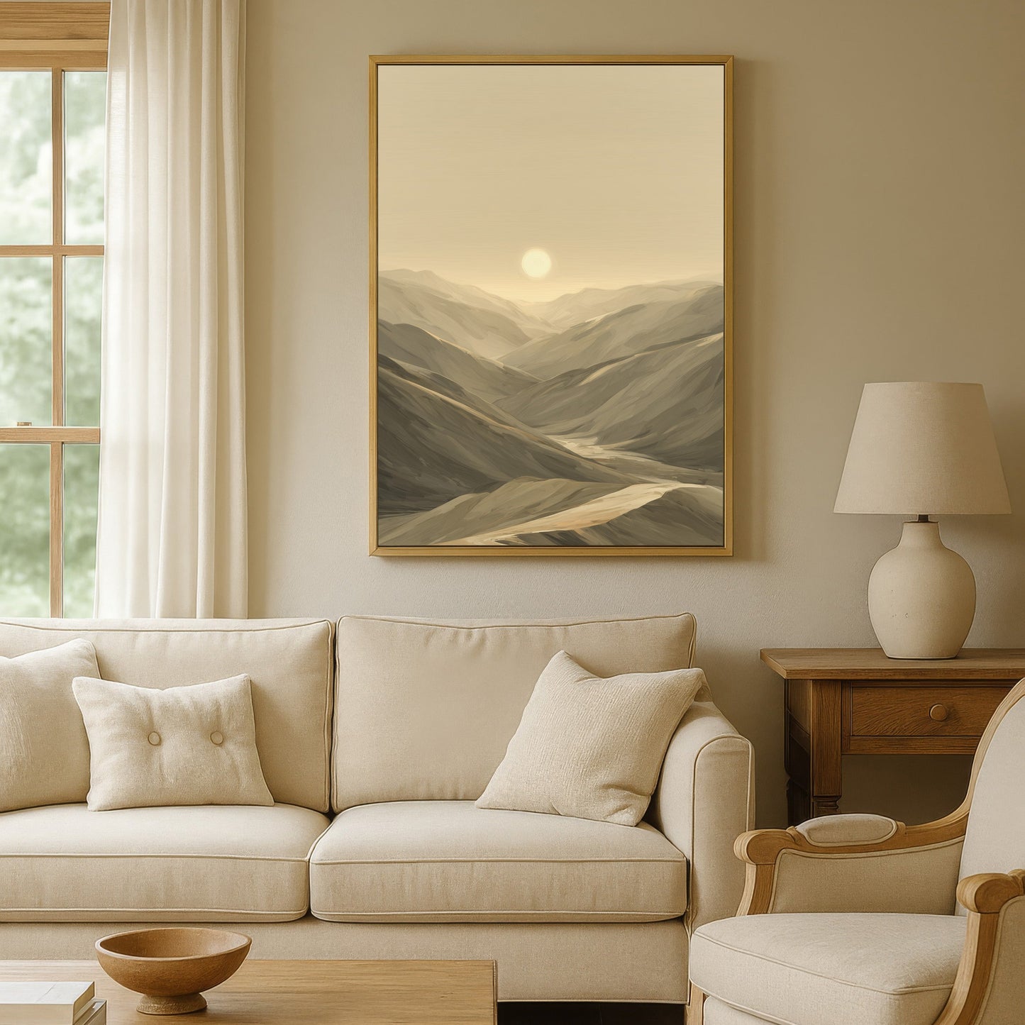 A gold framed canvas hung above a neutral couch in modern living room.