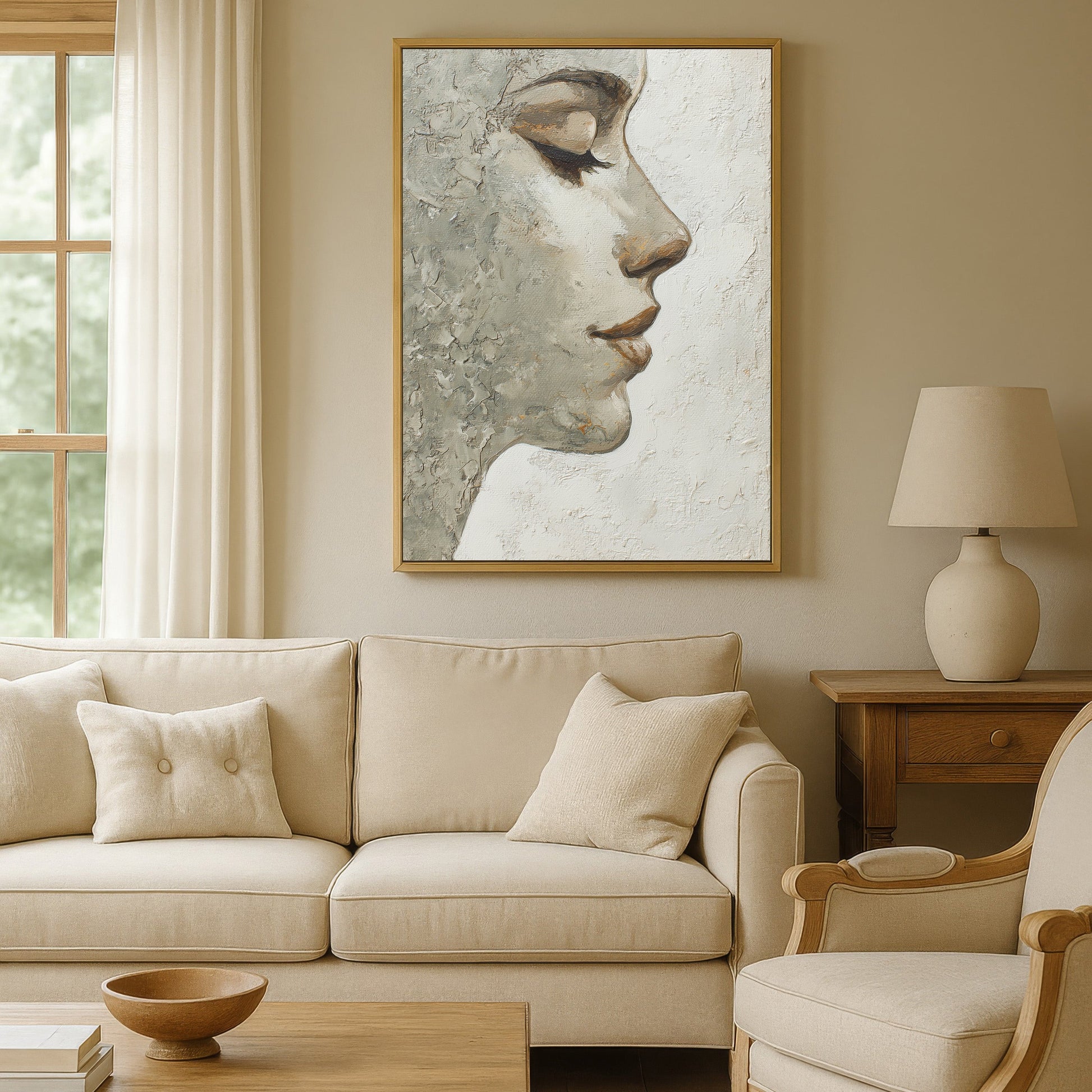 Elegant gold-framed abstract portrait wall art displayed in a beige modern living room with soft neutral decor.