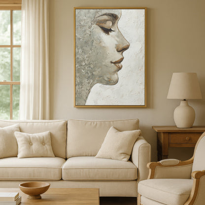 Elegant gold-framed abstract portrait wall art displayed in a beige modern living room with soft neutral decor.