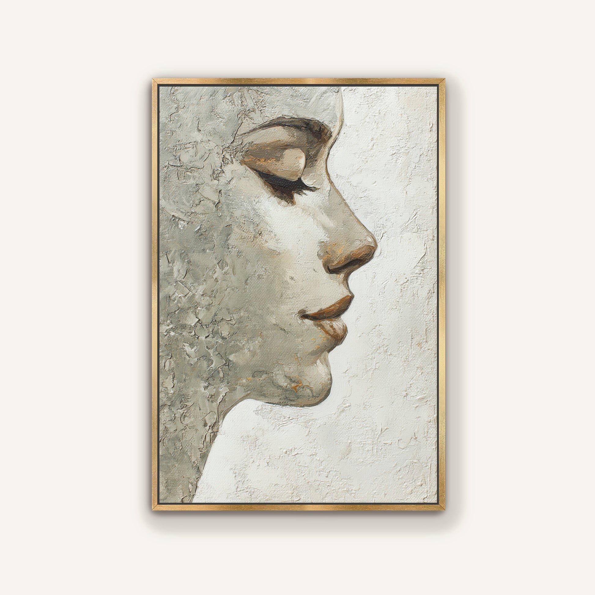 Elegant abstract portrait wall art of a woman’s profile with soft neutral tones and a gold floating frame.
