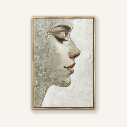 Elegant abstract portrait wall art of a woman’s profile with soft neutral tones and a gold floating frame.