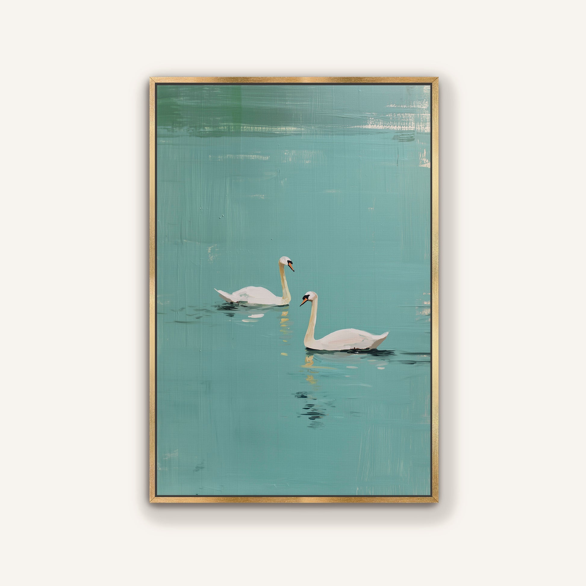 Golden floater framed artwork of two swans on a teal background.