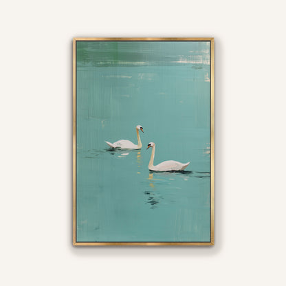 Golden floater framed artwork of two swans on a teal background.