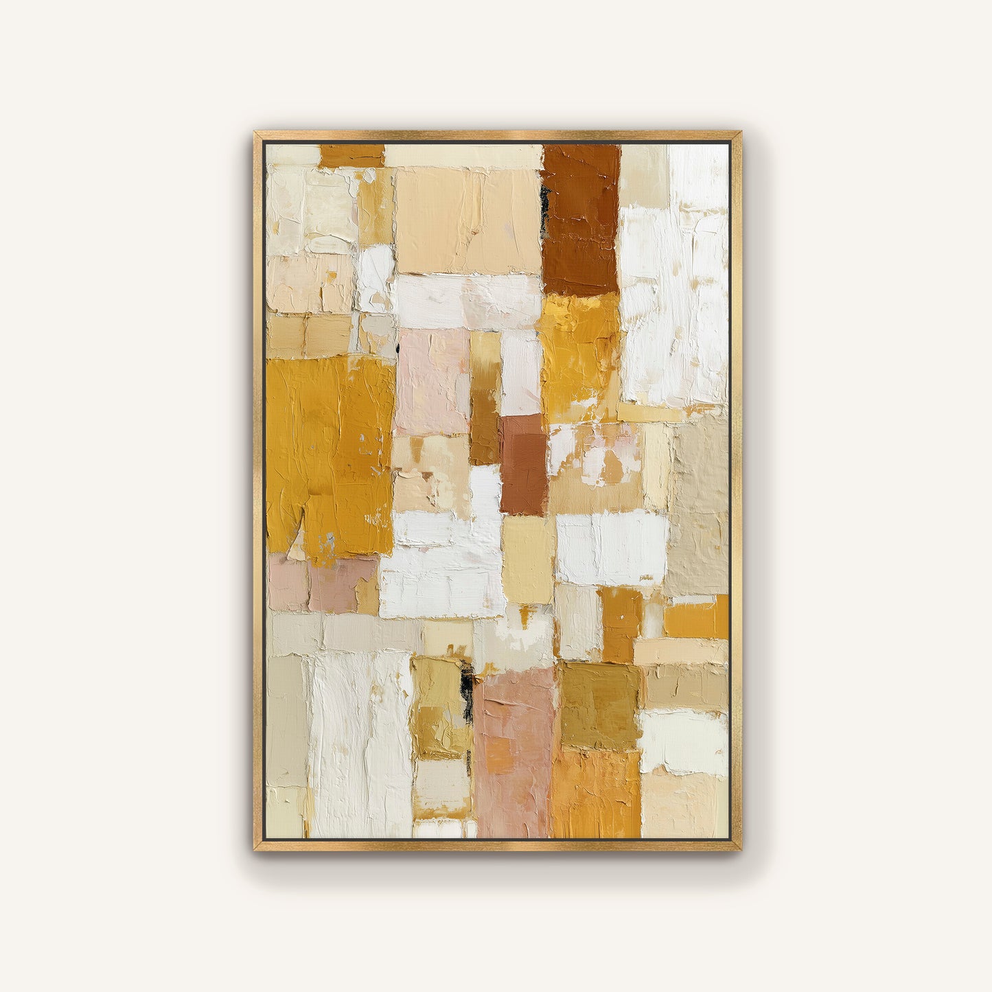premium golden framed canvas of a neutral geometric painting.