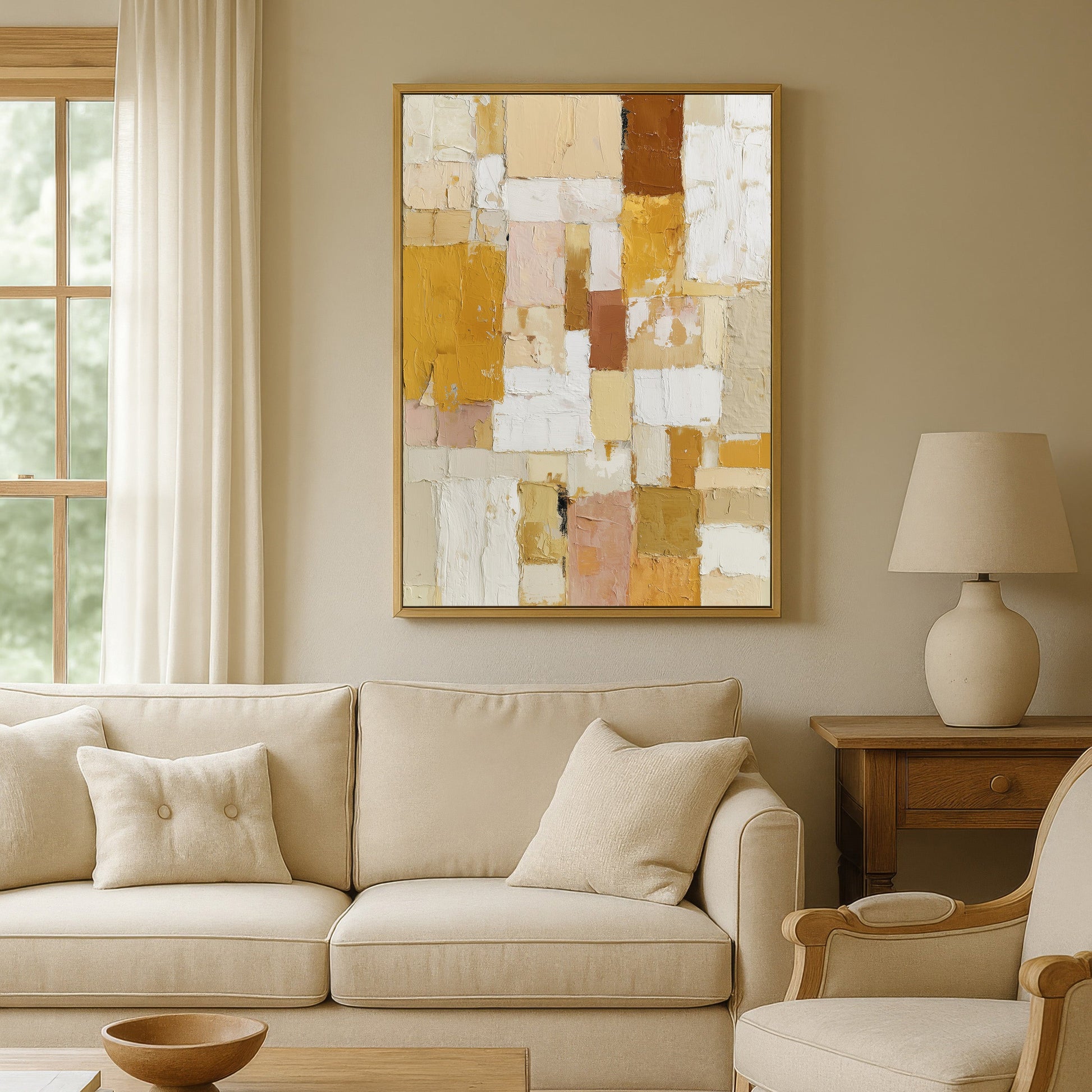 Golden abstract wall art hanging above beige sofa in modern living room.