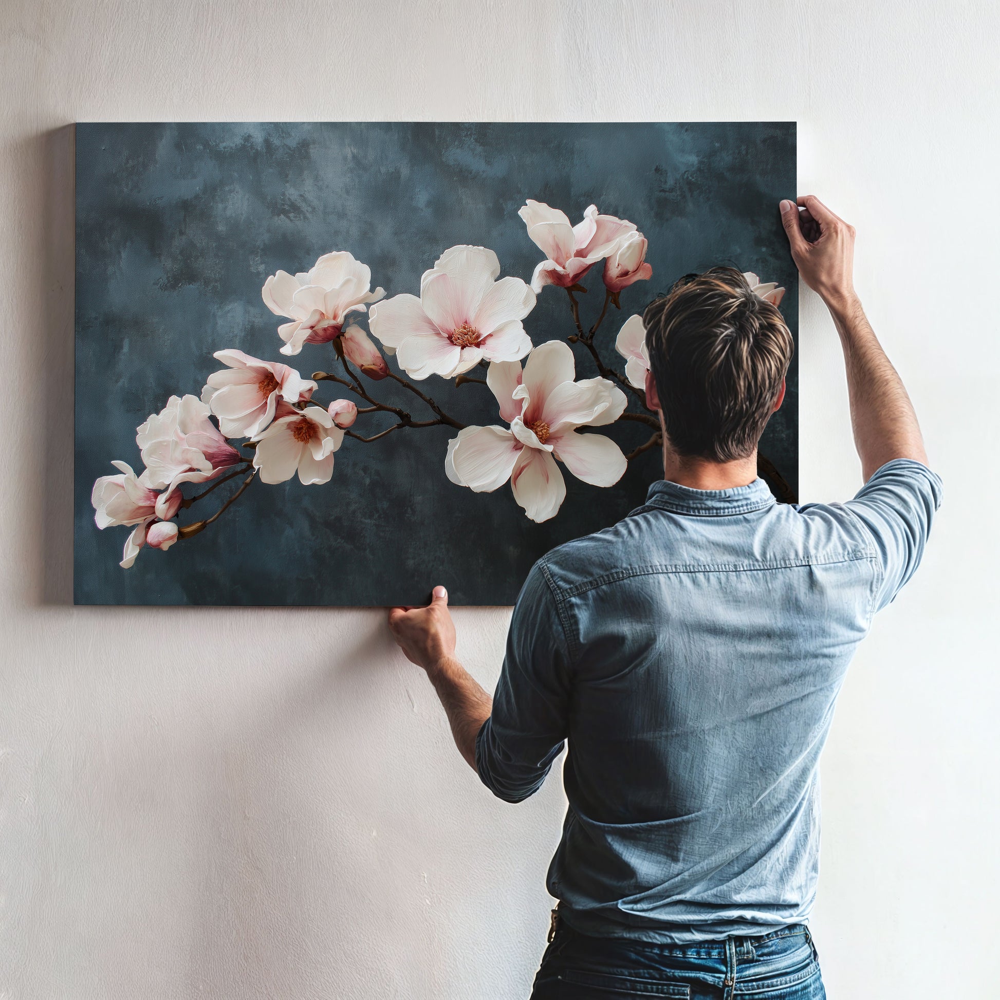 Man hanging a painting of pink flowers on a wall