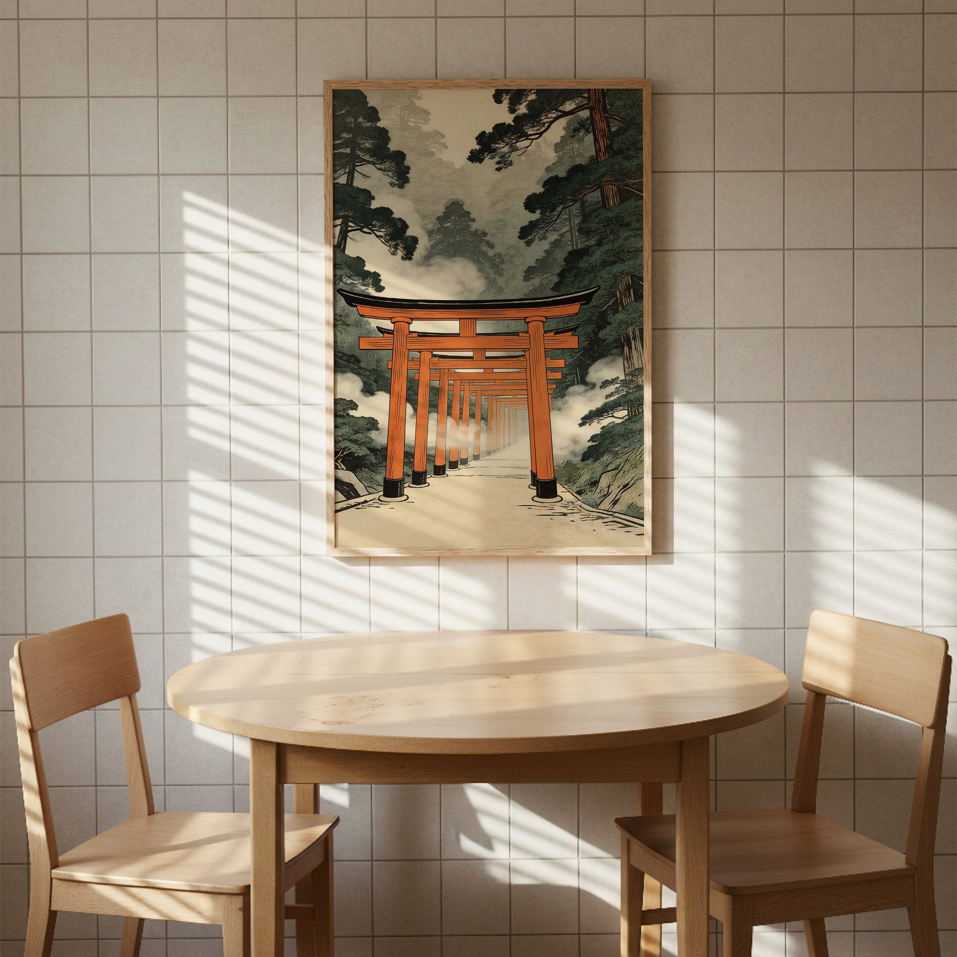 Torii gate wall art above dining table on minimalist tiled wall