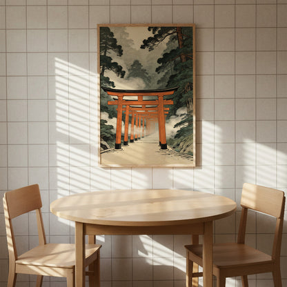 Torii gate wall art above dining table on minimalist tiled wall