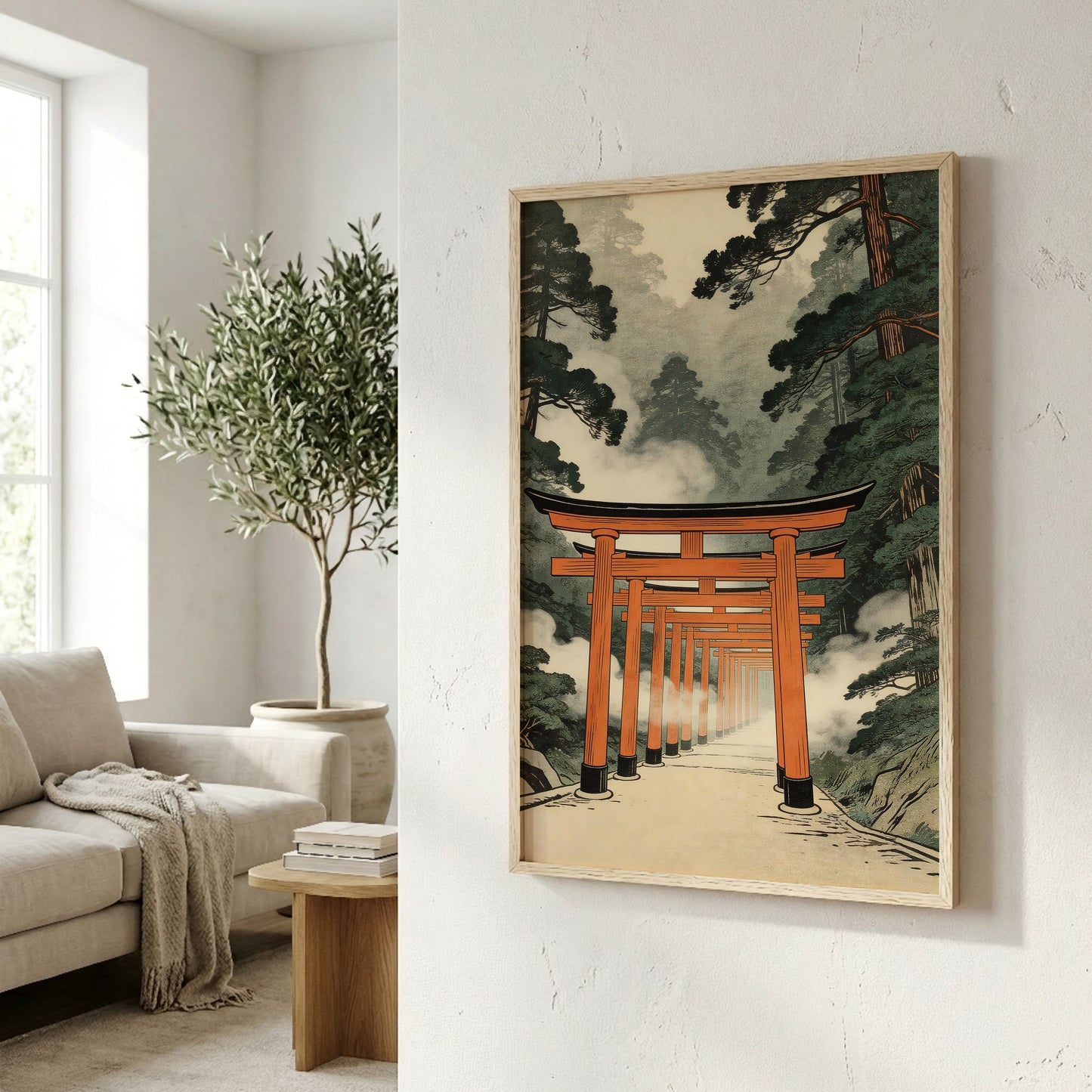 Framed torii gate print on wall in bright modern living room corner