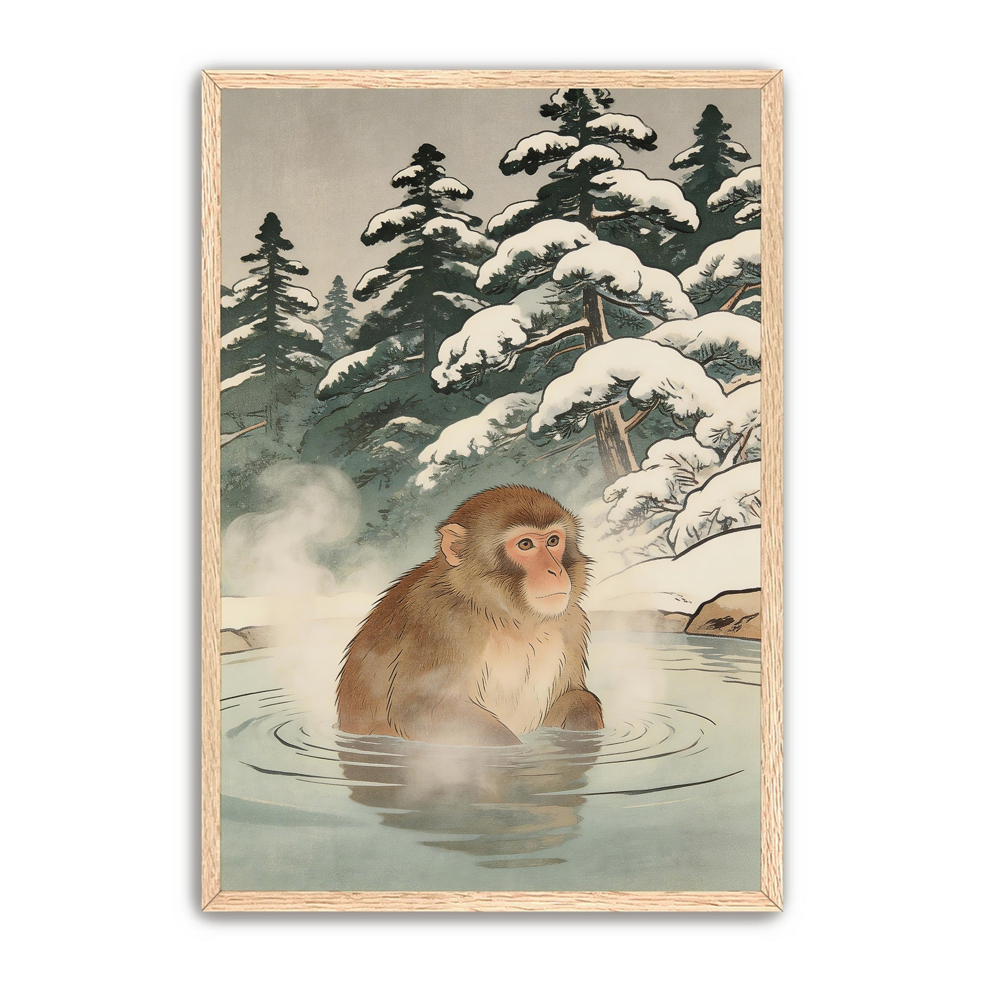 Close-up view of snow monkey onsen wall art in natural frame