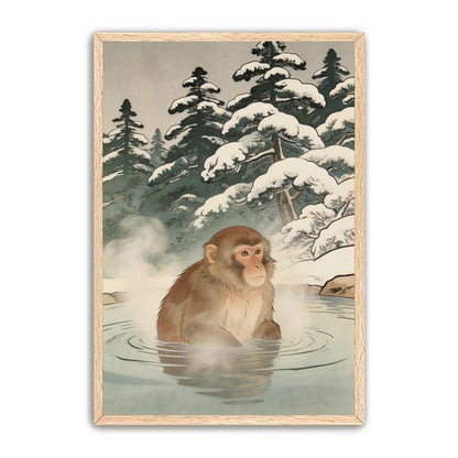 Close-up view of snow monkey onsen wall art in natural frame