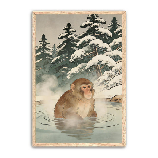Close-up view of snow monkey onsen wall art in natural frame