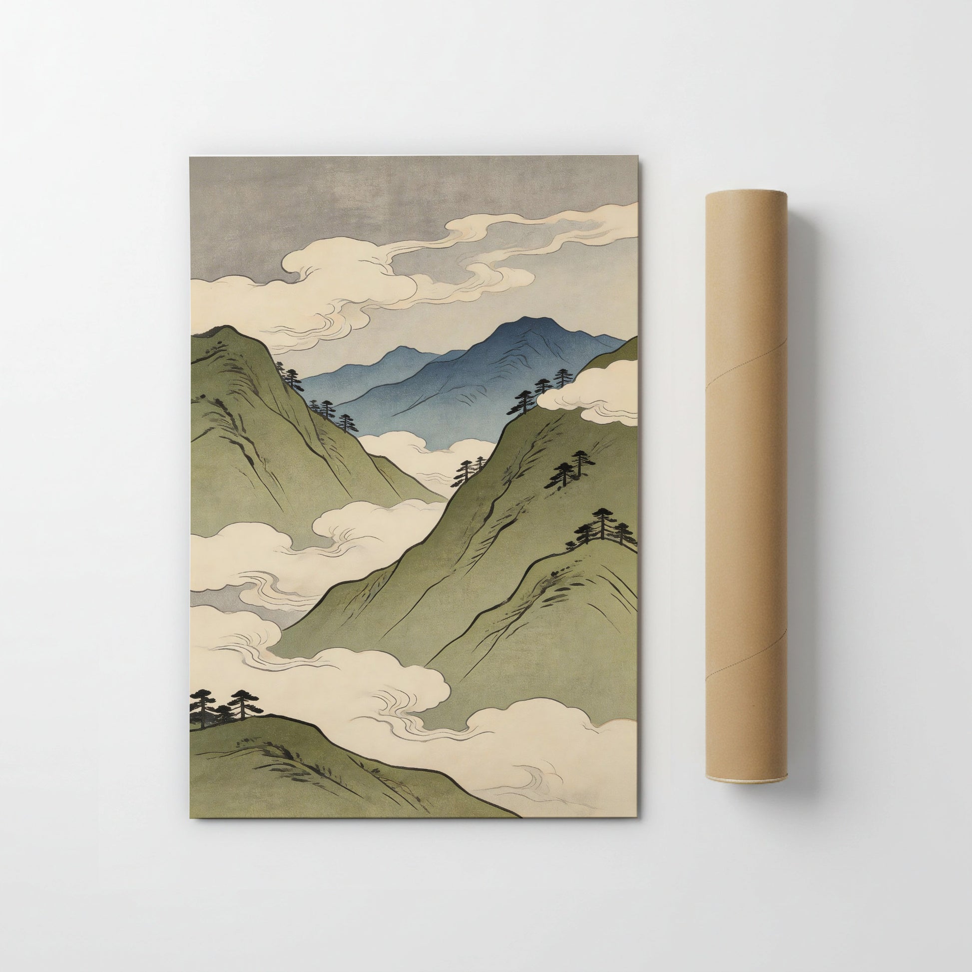 Japanese mountain landscape art print with green hills and blue peaks amid flowing clouds in muted earth tones