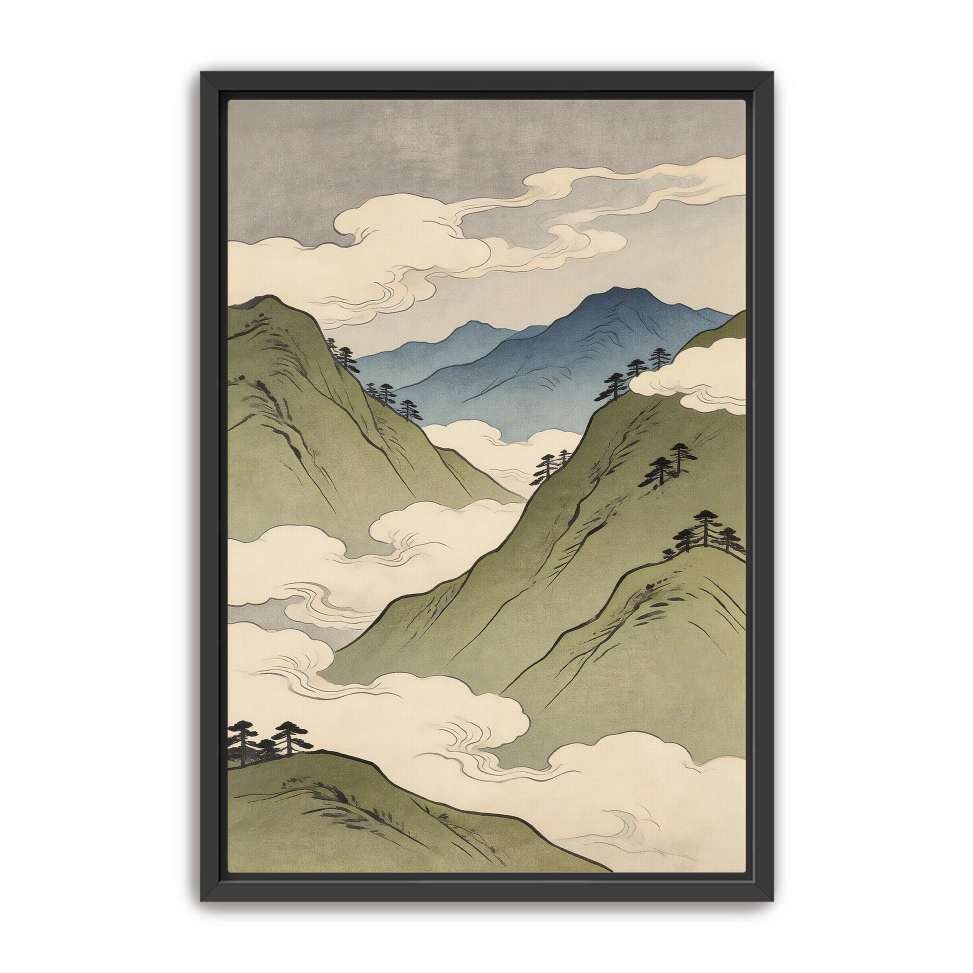Japanese mountain landscape art print with green peaks and clouds in black frame, Asian inspired minimalist wall art