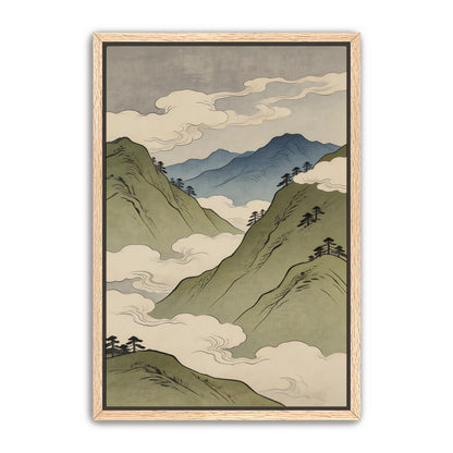 Japanese style mountain landscape art print with green peaks and clouds in natural wood frame on neutral wall