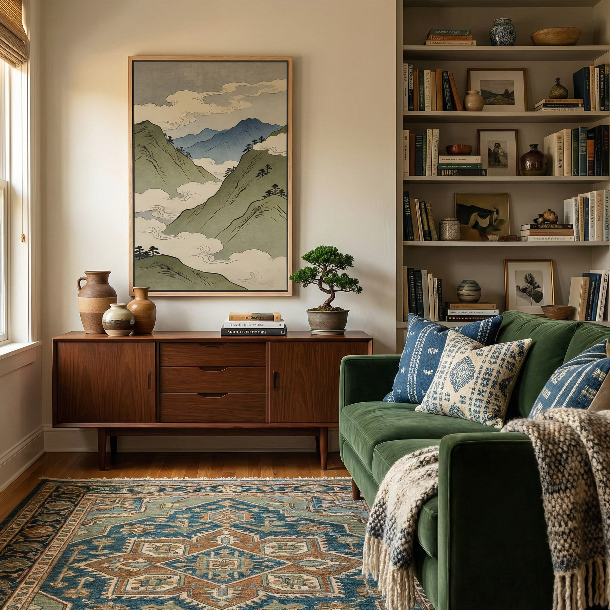 Japanese mountain landscape framed canvas print above oak desk in serene home office with built-in bookshelves and green pottery