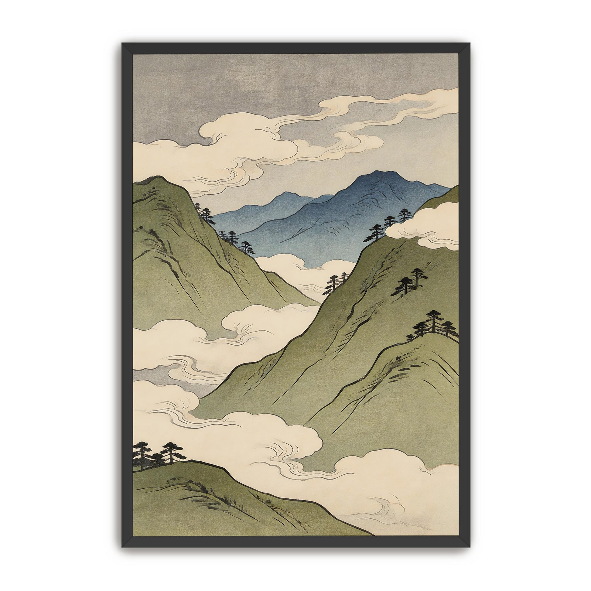 Japanese mountain landscape print with green slopes and blue peaks through clouds in black frame