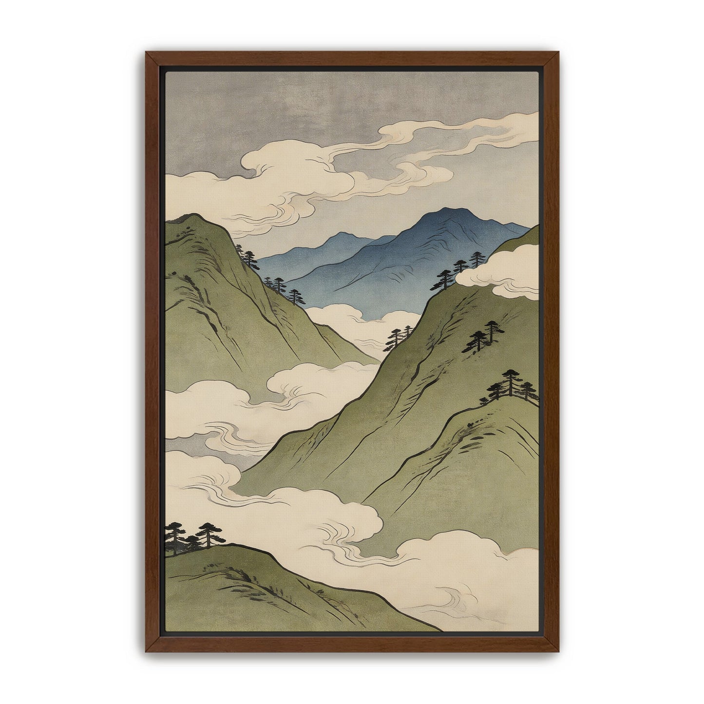 Japanese mountain landscape art print with misty peaks and clouds in muted green and blue tones, framed in natural wood