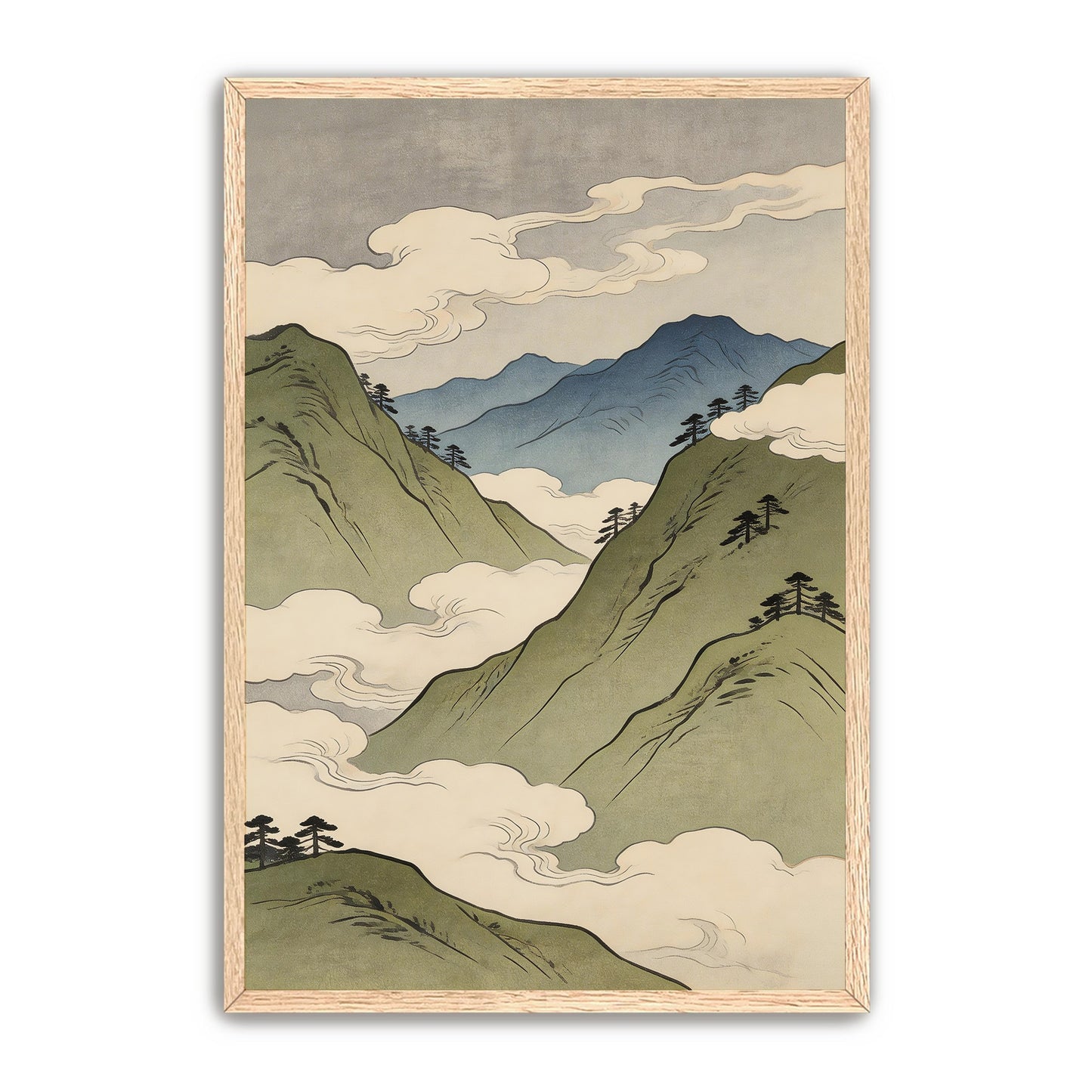 Japanese mountain landscape art print with green hills and blue peaks in natural wood frame, minimalist Asian style