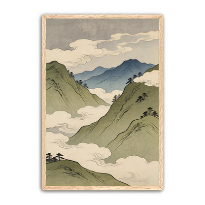 Japanese mountain landscape art print with green hills and blue peaks in natural wood frame, minimalist Asian style