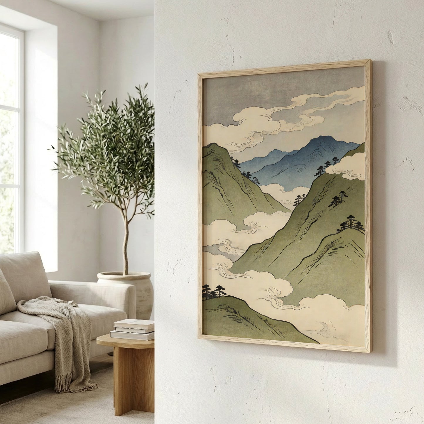 Japanese mountain landscape art print with mist and clouds in natural wood frame, minimalist living room wall decor