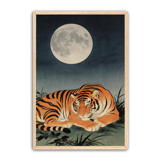 Japanese tiger under full moon art print in natural wood frame, vintage Asian wildlife wall art with orange and blue tones