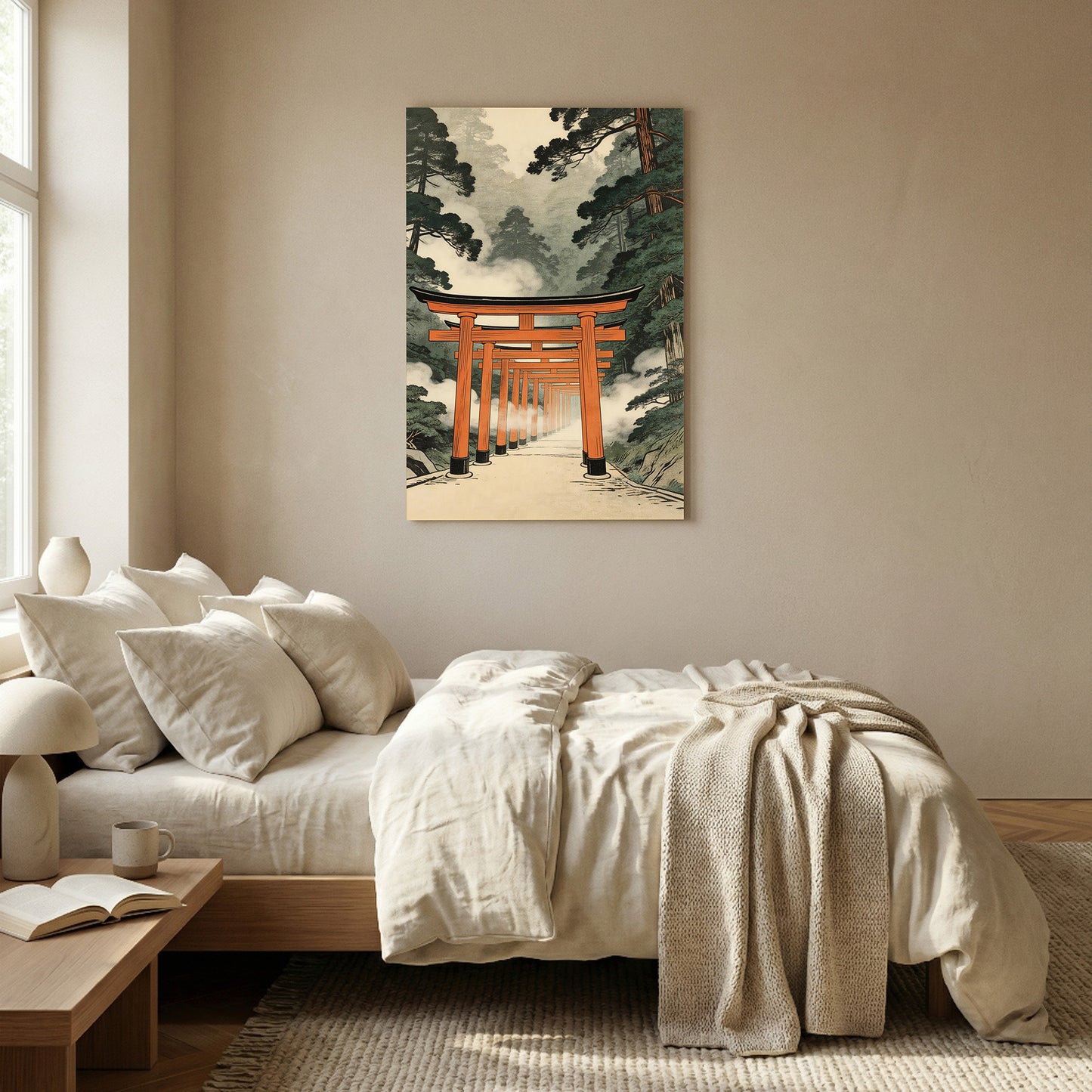 Japanese torii gate pathway art print with misty forest and orange gates in traditional woodblock style wall art