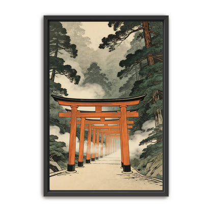 Japanese torii gate pathway black framed canvas print with misty forest and orange gates in traditional Asian style