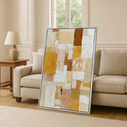 Framed abstract painting with layered golden and beige tones for living room decor