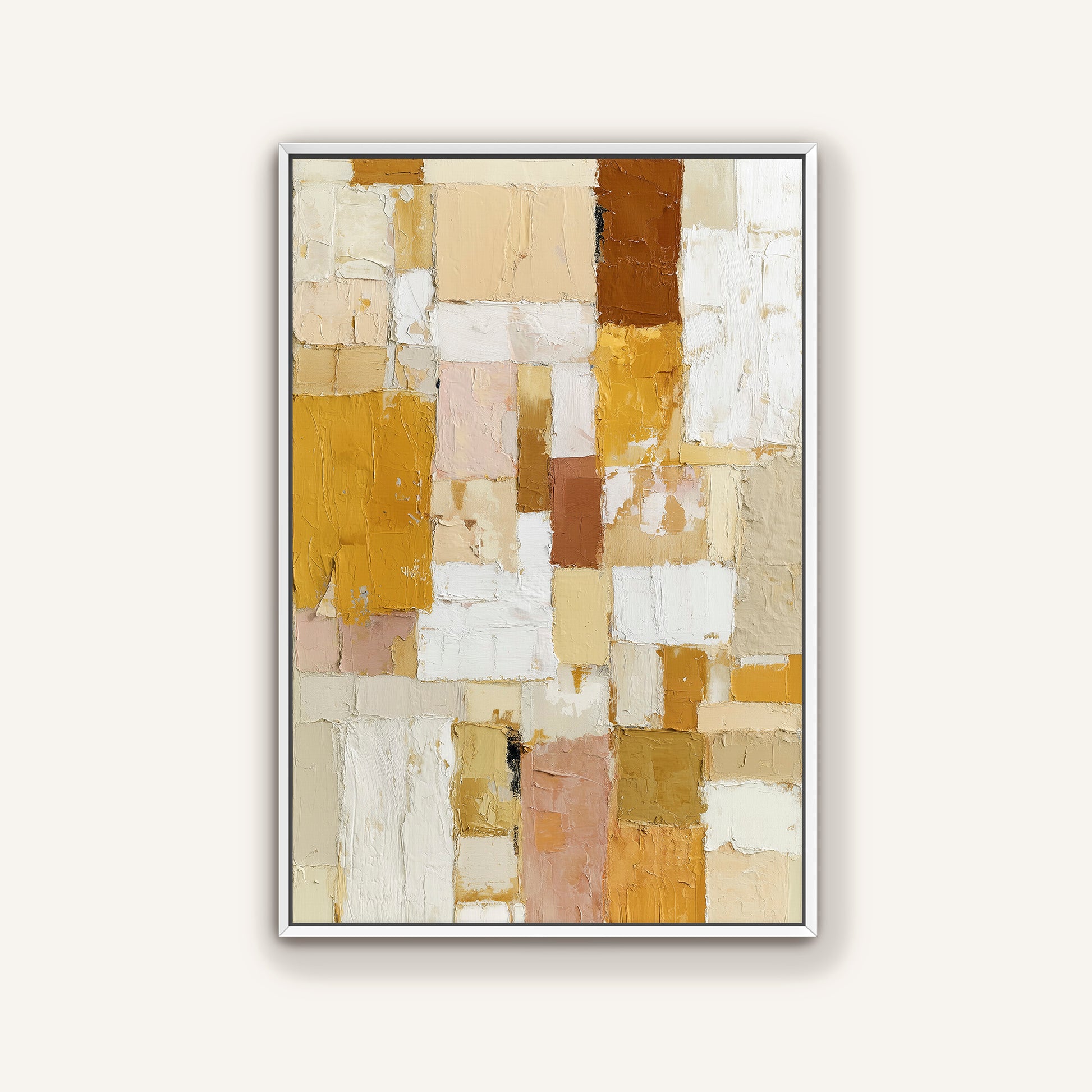 Large vertical abstract painting in golden yellow and white tones, displayed with a modern frame.