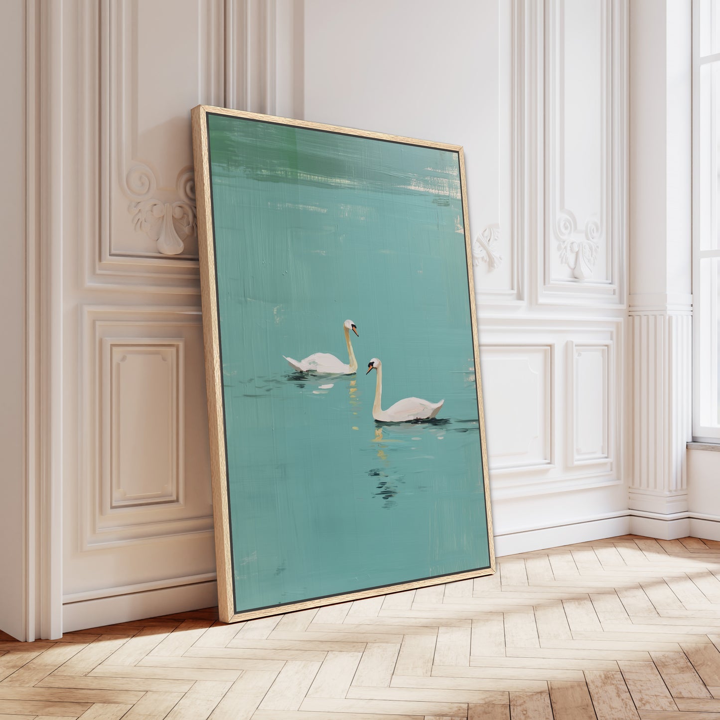 Oversized Evara swan lake canvas in gold frame leaning on classic white wall, Parisian interior styling.