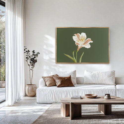 White lily floral wall art on green canvas styled in modern neutral living room with wood coffee table