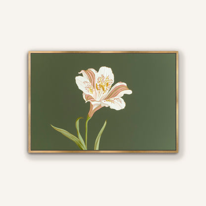White lily floral wall art on sage green background framed in elegant gold floating frame
