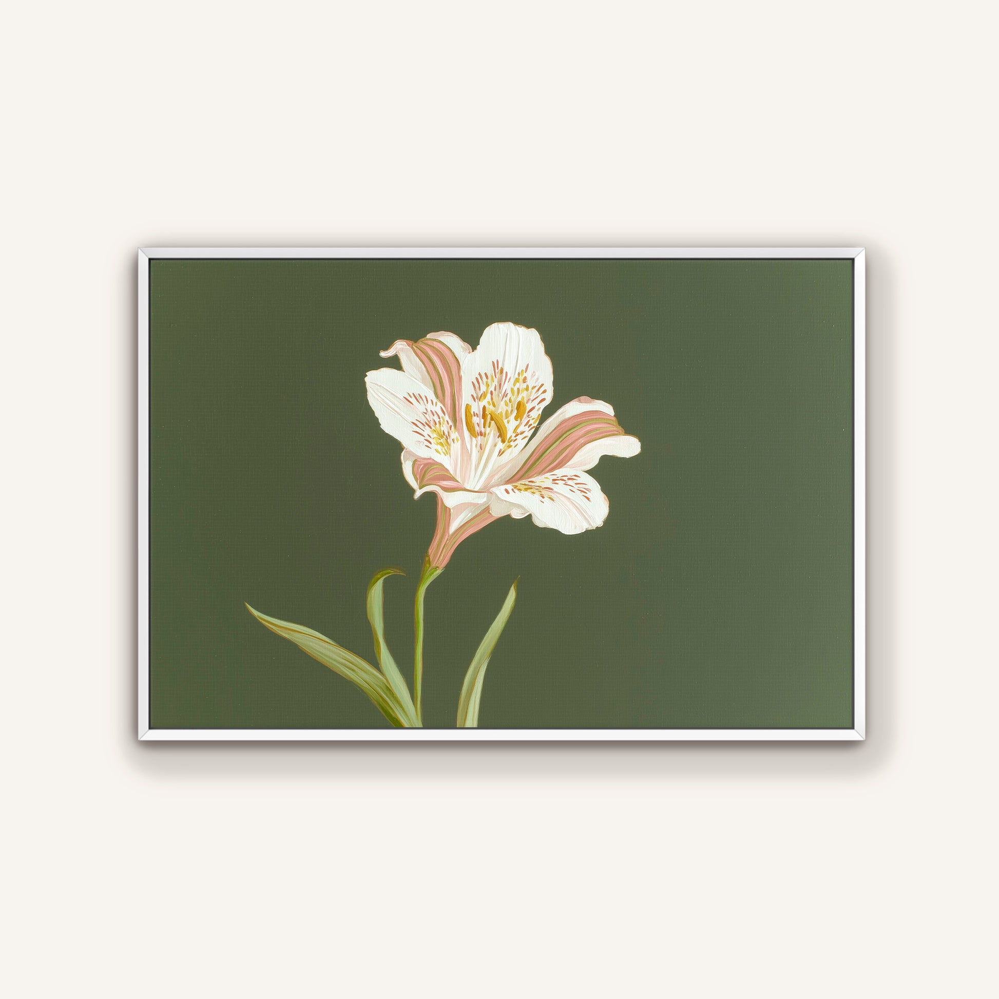 Neutral floral canvas print of white lily with sage green background in minimalist white frame