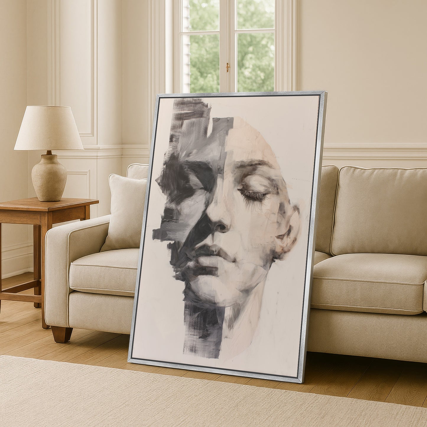 Abstract portrait canvas in silver frame, modern face artwork displayed in neutral living room with beige sofa.