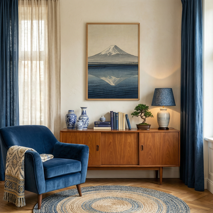Living room with blue armchair, wooden sideboard, and mt fuji mountain painting on wall