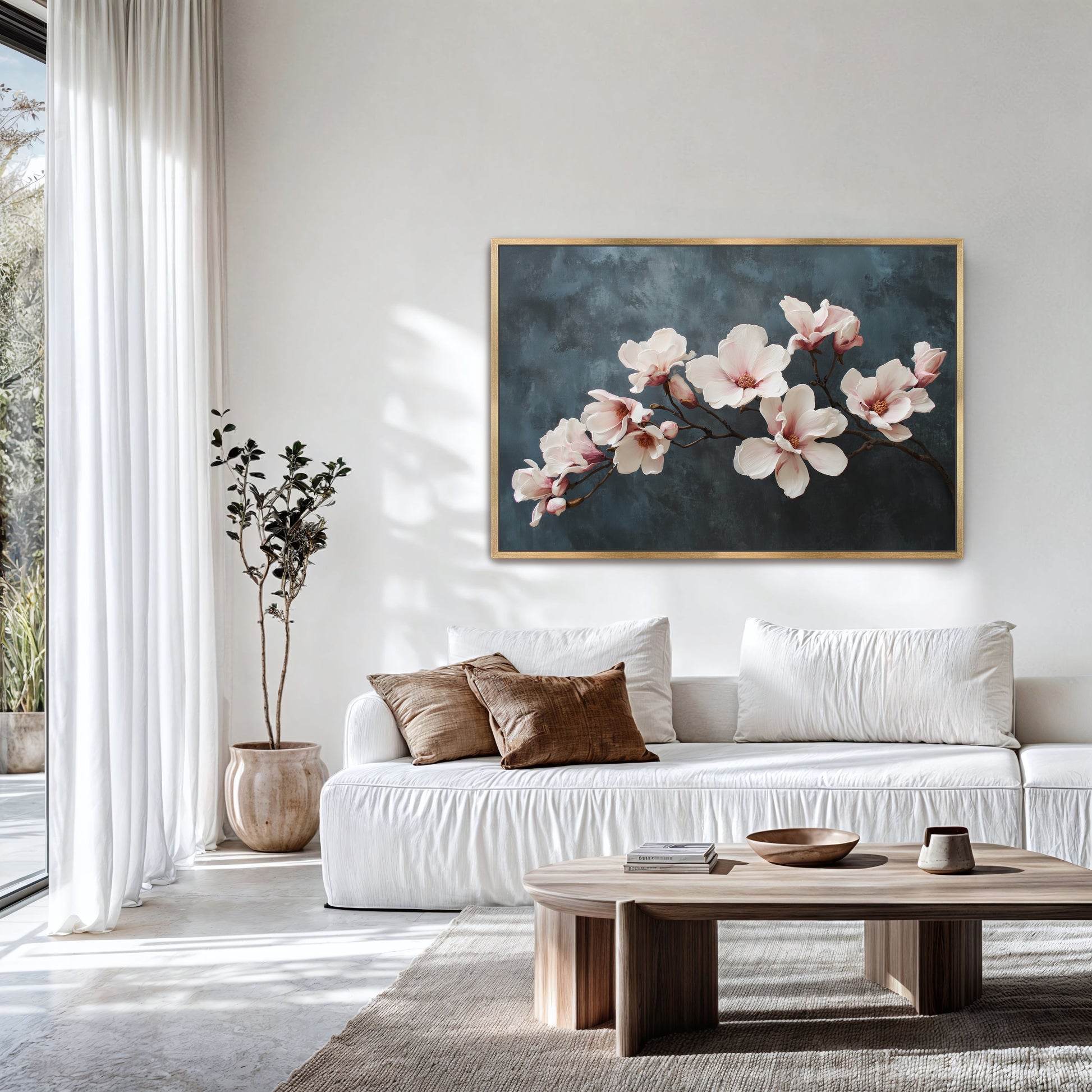 Living room with a painting of flowers on the wall, a white sofa, and a wooden coffee table.