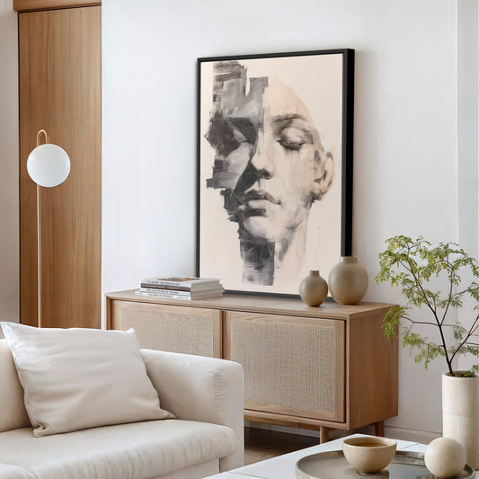 Large abstract portrait painting in black floating frame, styled in a contemporary living room with wood console and modern decor.