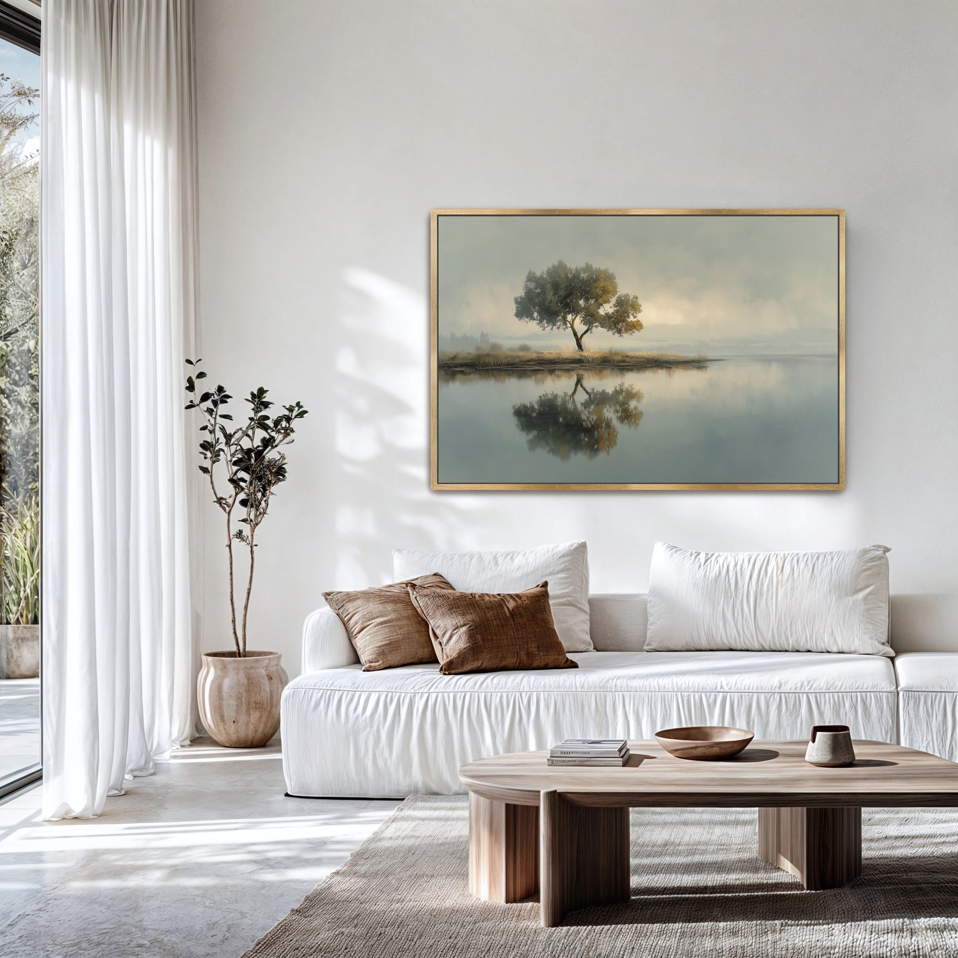 Still Water Reflection landscape canvas print above sofa in luxury living room
