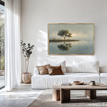Still Water Reflection landscape canvas print above sofa in luxury living room