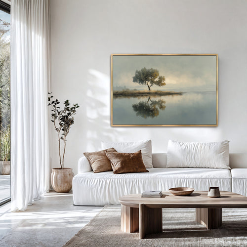Still Water Reflection landscape canvas print above sofa in luxury living room
