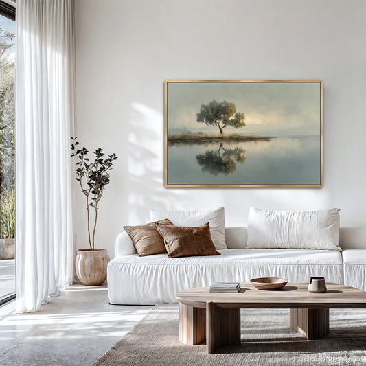Still Water Reflection landscape canvas print above sofa in luxury living room