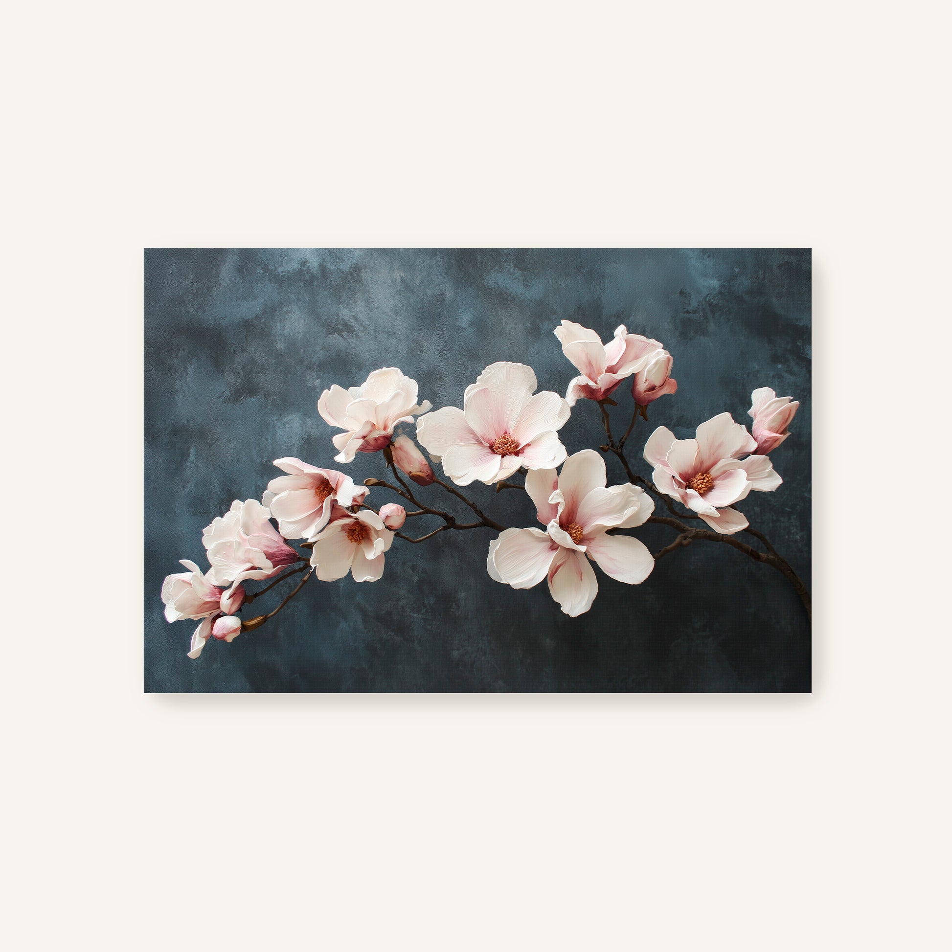 Magnolia branch floral art print with ivory blossoms on deep blue background.